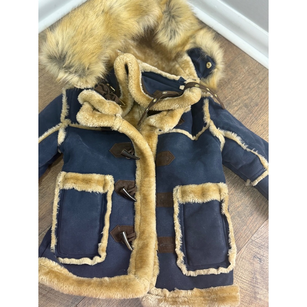 Jordan Craig Kids Navy Shearling Aviator Jacket Faux Fur Hood Toggle Coat Size 3